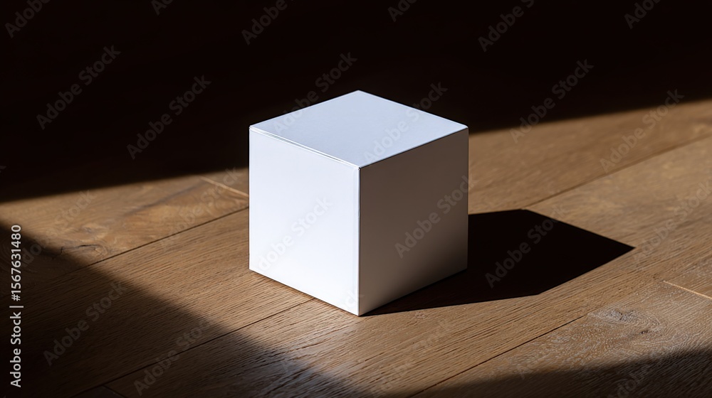 Poster minimalist white cube object on wooden surface with dramatic shadow shape and textured background fo