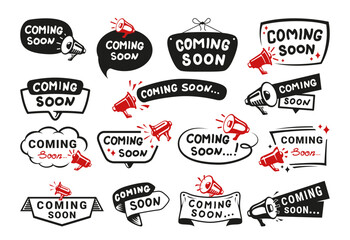 Set of various coming soon icons in the form of speech bubbles for promotional purposes in business marketing campaigns