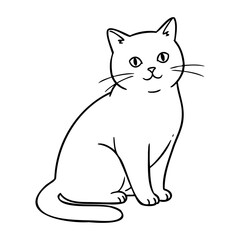 Simple line drawing of a sitting cat with whiskers and tail. Vector hand-drawn doodle illustration