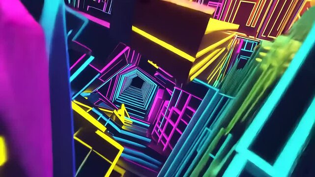 Vibrant abstract maze of neon colors with intricate patterns and geometric shapes in a digital landscape