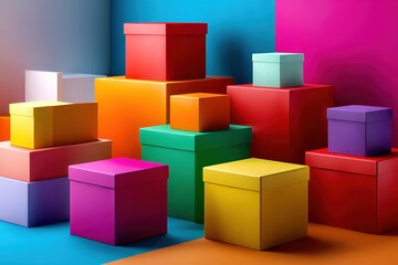 Obraz premium Colorful Gift Boxes Stacked and Arranged on Bright Pink and Blue Background for Celebration or Birthday Decorations