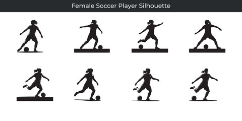 Dynamic silhouette collection showcasing action poses of a female soccer player kicking a ball