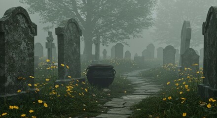 Foggy graveyard path lined with aged tombstones and wildflowers, a cauldron sits center