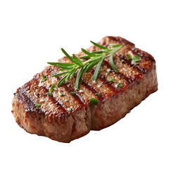 A juicy grilled steak garnished with fresh rosemary and herbs, showcasing perfect grill marks and a seared crust.