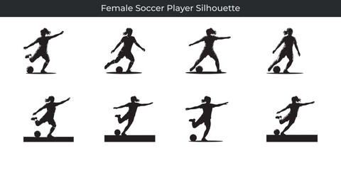 Silhouette actions of a female soccer player kicking or controlling a soccer ball