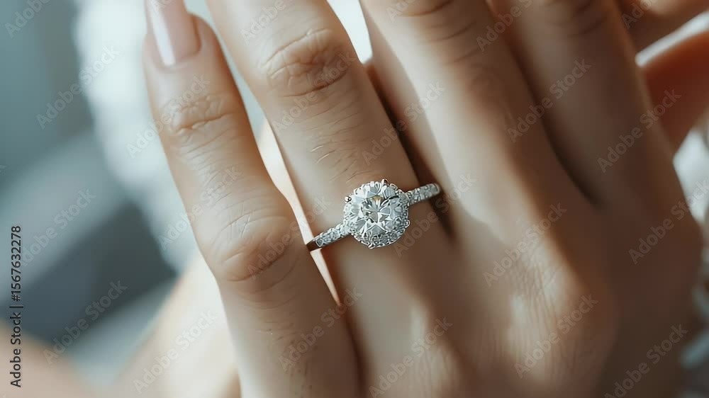 Poster close-up view of elegant hands displaying a sparkling precious stone engagement ring on a finger aga