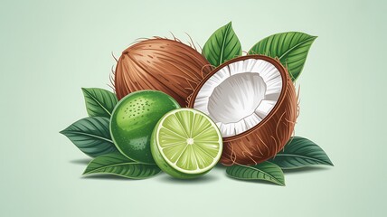 Refreshing Coconut and Lime Illustration Tropical Fruits, Summer Vibes, Healthy Snack