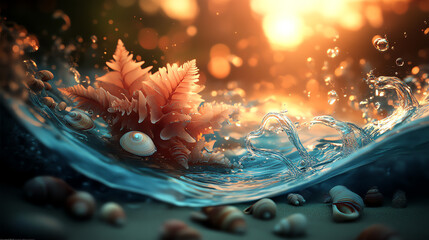 Mesmerizing Underwater Scene with Shells, Corals, and Glittering Sunlight