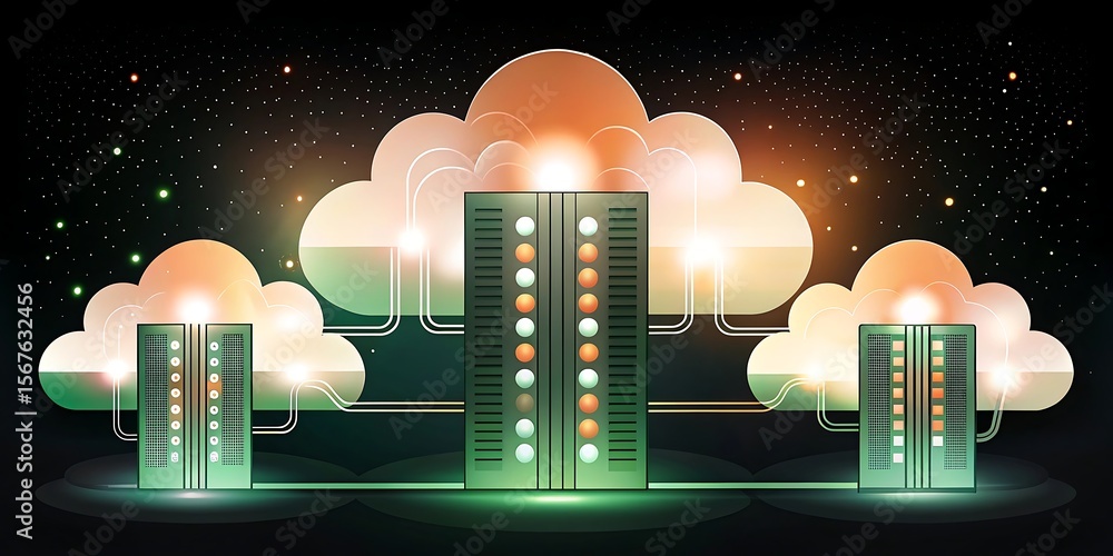 Aufkleber servers connected to glowing clouds in a dark space, representing a powerful network.
