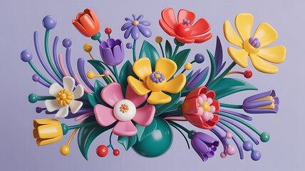 Vibrant 3D Render of Colorful Flowers A Stunning Floral Bouquet Illustration