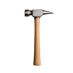 A claw hammer with a wooden textured handle and a metal head featuring a flat striking face and a pointed claw end.