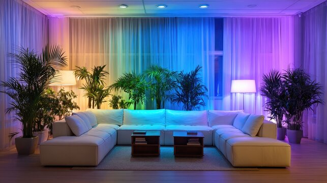 Modern living room with vibrant, colorful LED lighting and lush plants