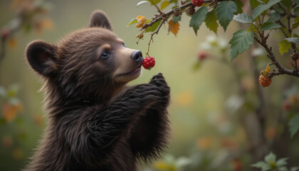 Adorable Bear Cub Sniffing a Red Berry on a Branch in the Forest