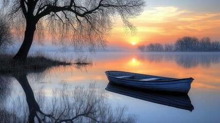 Serene sunrise over a calm lake, a lone boat reflects