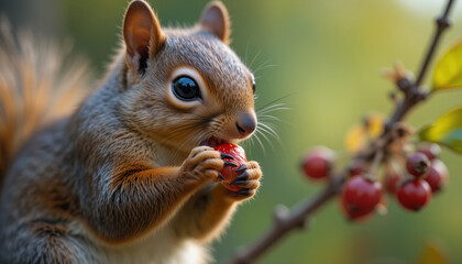 Cute Red Squirrel Enjoying a Fresh Berry on a Branch
