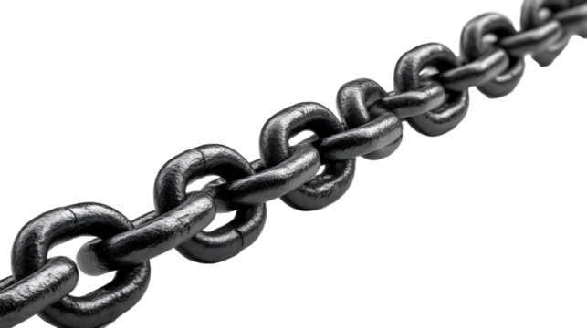 A dark metal chain extends diagonally across a stark white background, emphasizing its robust links.