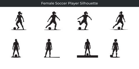 Collection of dynamic silhouette illustrations featuring various poses of a female soccer player
