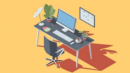 Modern Home Office Workspace Setup Desk, Computer, Plants, and Organization