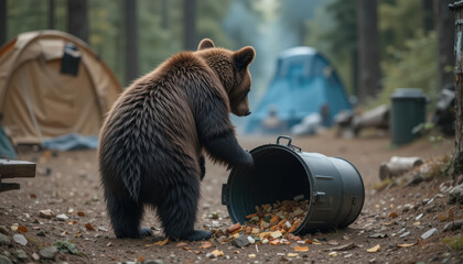 Wild Brown Bear Raiding an Overturned Trash Can at a Forest Campsite