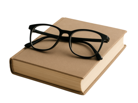 Eyeglasses resting on closed hardcover book isolated on transparent background.