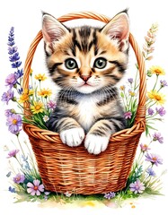 cute kitten in a basket with flowers. watercolor illustration card.