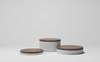 Minimalist White and Wood Cylinder Display Stands for Product Presentation