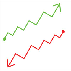 Two line graphs in green and red showing upward and downward trends on a black background design