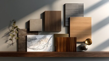 Wood marble and stone samples arranged on a shelf Natural light illuminates the display