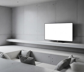 Tv Screen On A Clean Shelf In A Sunken Lounge With Concrete Walls