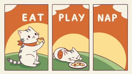 Fototapeta premium Cartoon Cats: Eating, Playing, and Napping Illustrations with Cute Style
