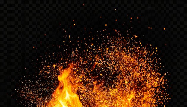 Flames isolated on transparent background. Glowing fire embers and particles. Orange sparks flying upward. Hot burning flame particles effect. Design elements for overlay and compositing.