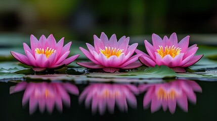Three pink water lilies, perfectly aligned, reflecting serenely