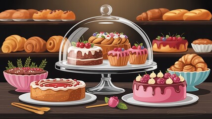 Delicious Bakery Showcase Cakes, Pastries, and Breads