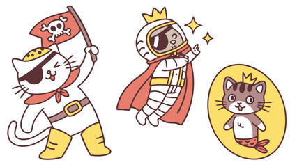 Cute Cartoon Cats Dressed as Pirate, Astronaut, and Mermaid