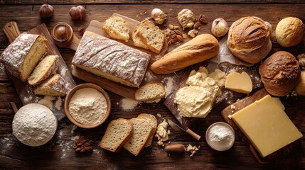 Variety of baked goods and flour on rustic wood