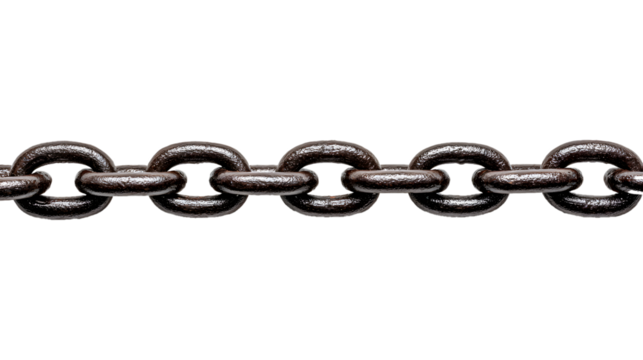 A straight line of connected dark metal links creates a visual chain against a dark backdrop.