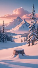 Serene Winter Landscape Snow-Covered Mountains, Pine Trees, and a Solitary Stump at Sunrise