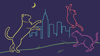 Three stylized cats in playful poses, outlined in vibrant colors against a dark background.