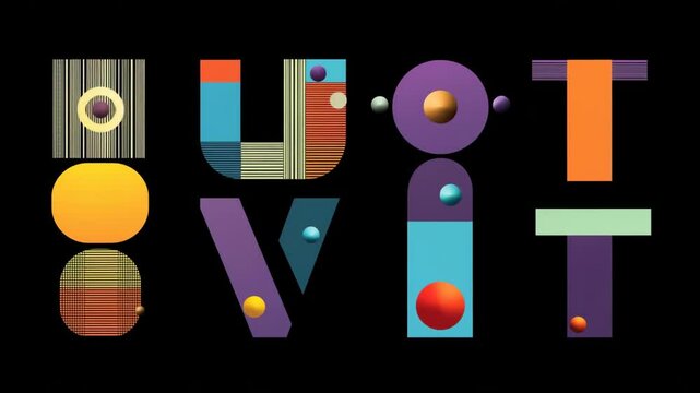 Abstract composition with an inscription made of geometric shapes and multi-colored circles on a black background