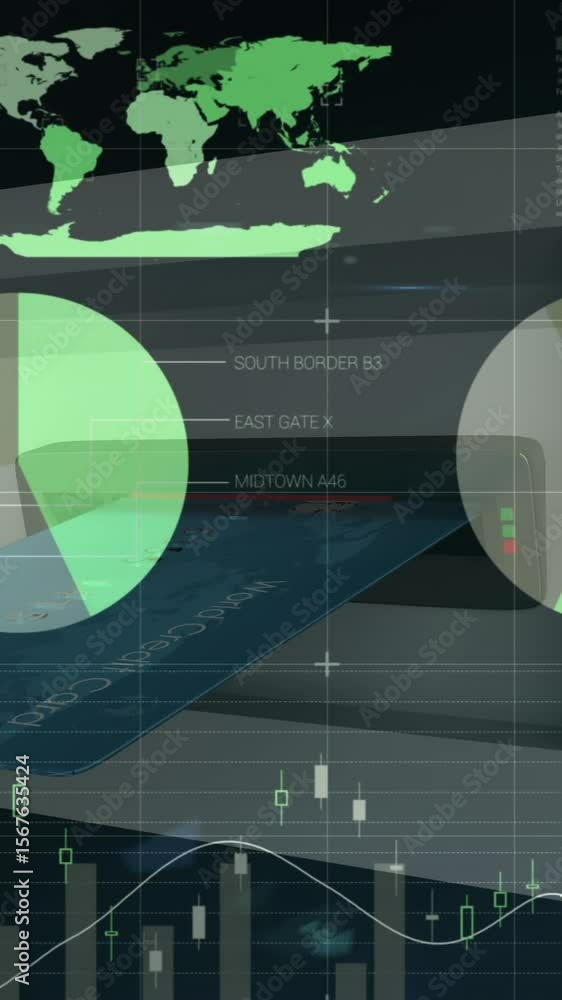 Poster animation of financial data processing over credit card insert into atm slot