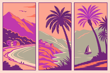 Vintage travel poster illustration with retro style and flat design elements