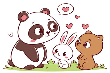 Charming kawaii style cute animals illustration with playful colors