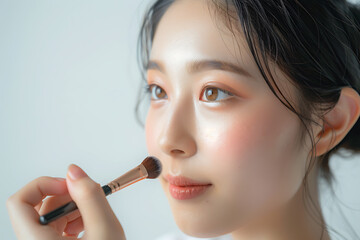 肌に優しくメイクを施す日本人女性のアップ