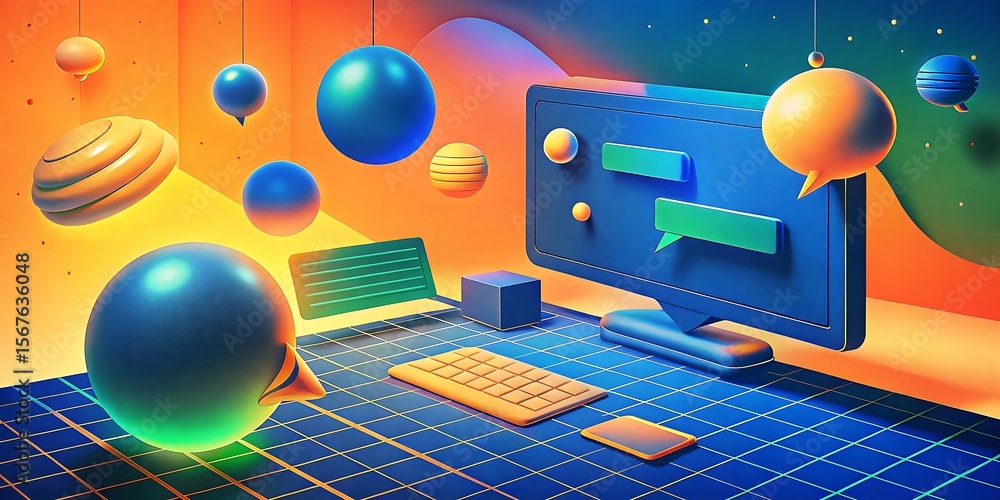 Poster a 3d render of a modern workspace shows a computer screen displaying chat messages, surrounded by co