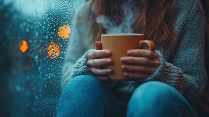 Woman holding warm drink by rainy window