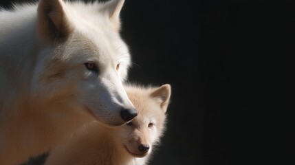Obraz premium A stunning close-up of a white wolf and its playful pup. The image showcases their soft fur and curious expressions in a natural setting. Ideal for wildlife enthusiasts and animal lovers. AI