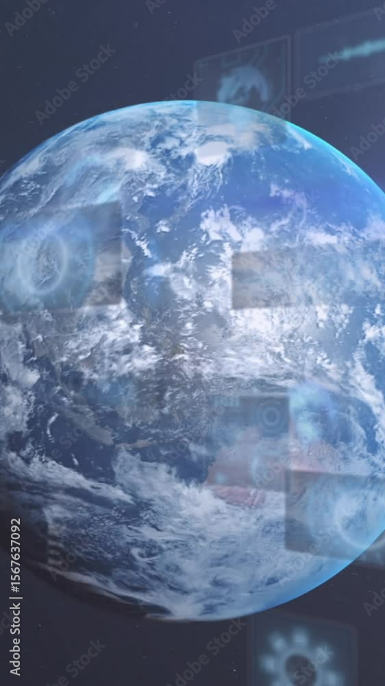 Wall mural animation of data processing over earth in universe on blue background