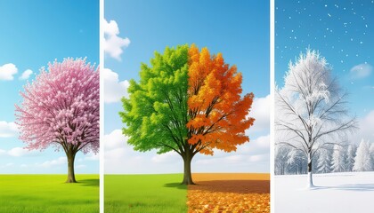Tree of Seasons in Vertical Panels: symmetrical tree depicted in four vertical panels representing the four seasons, with a clear blue sky backdrop, in an artistic time-lapse format.