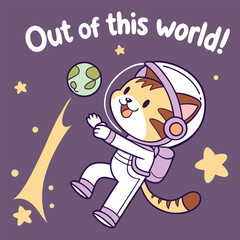 Cartoon Cat Astronaut Floating in Space with Earth and Stars