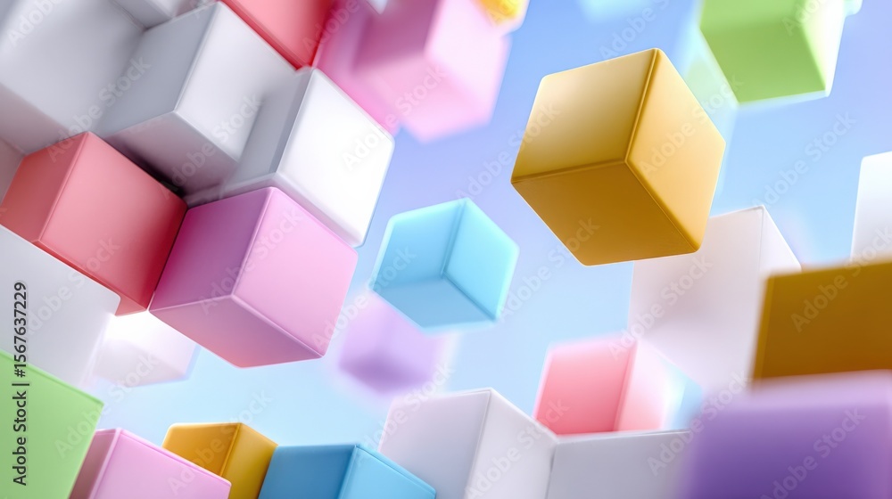 Aufkleber Colorful 3D Cube Blocks of Various Sizes Floating in a Bright Sky with Soft Clouds and a Clear Blue Background, Creating a Playful and Dynamic Visual Scene